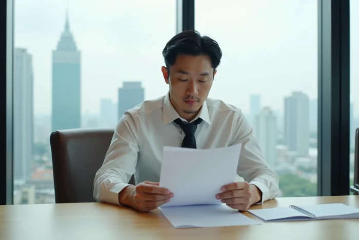 Homme coréen en chemise blanche travaillant dans un bureau de penthouse avec vue panoramique sur Séoul, symbole de prospérité dans l'industrie du divertissement coréen