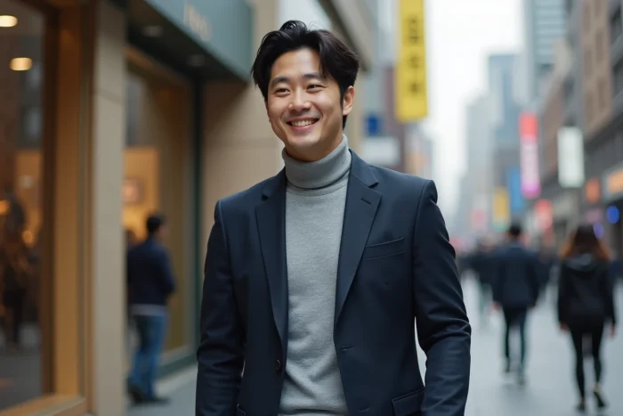 Acteur coréen élégant en blazer marine marchant dans le quartier de Gangnam à Séoul, incarnant le style et la fortune des stars du cinéma coréen en 2025
