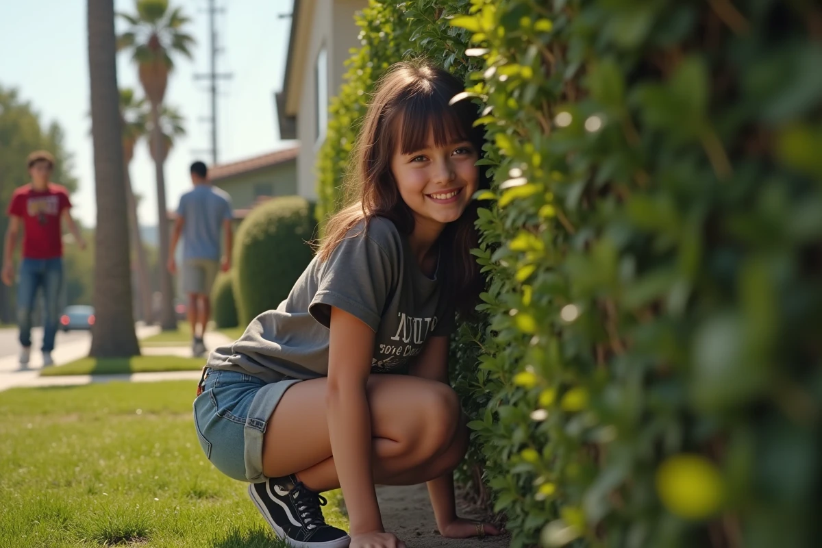 Adolescente cachée derrière une haie dans un quartier résidentiel