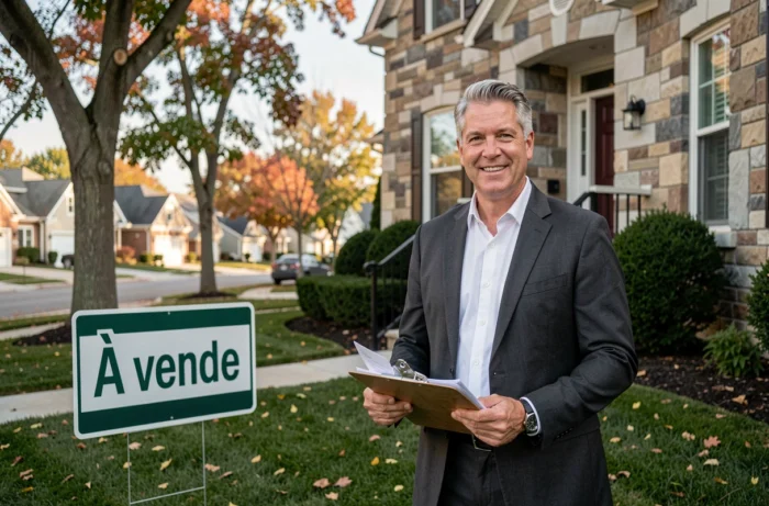 Agent immobilier souriant devant une maison à vendre avec panneau et documents dans une rue résidentielle en automne