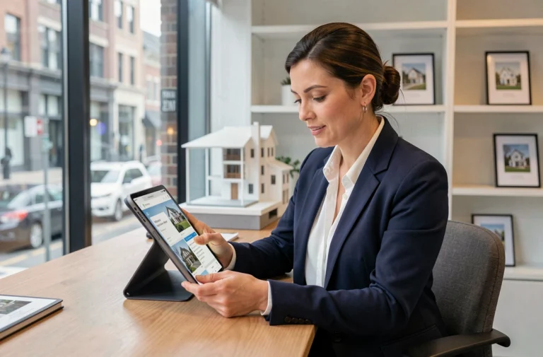 Agent immobilière professionnelle consultant des annonces sur tablette dans une agence immobilière moderne
