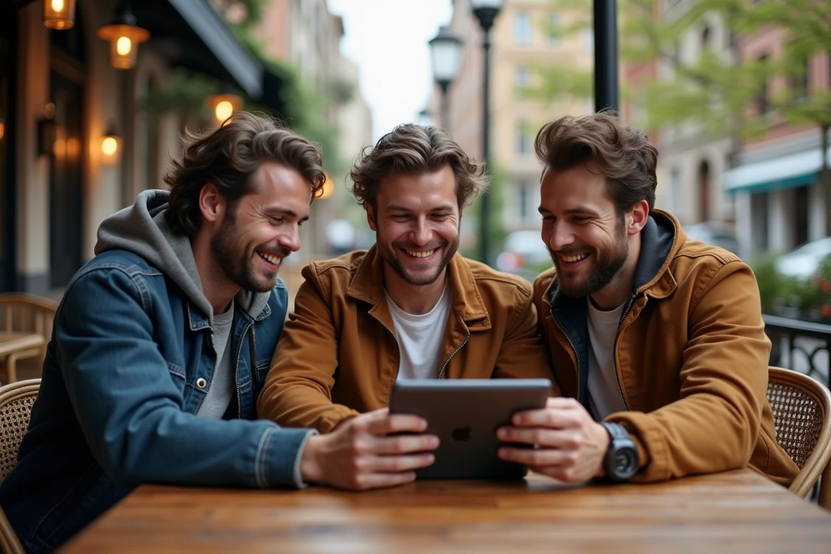 Trois amis regardant un film sur une tablette en extérieur