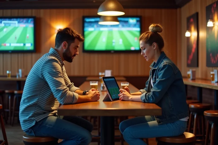 Deux amis regardant un match en streaming sur une tablette dans un bar sportif