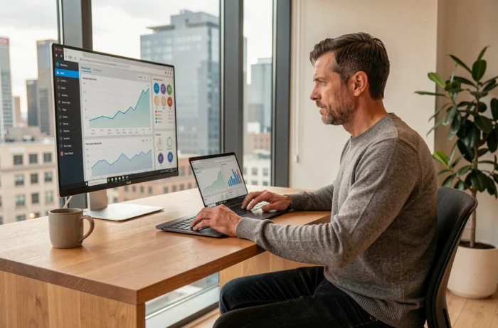 Entrepreneur masculin analysant des données d'analytics marketing sur deux écrans dans un bureau à domicile avec vue urbaine
