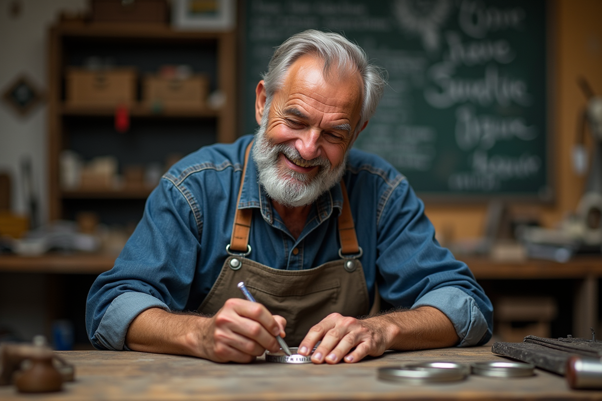 Artisan gravant une phrase sur un bracelet en argent dans son atelier