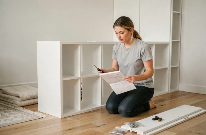 Femme assemblant les modules d'un kit dressing en bois blanc dans une chambre style scandinave, avec notice et tournevis à la main