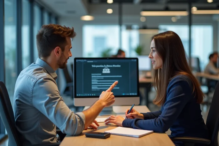 Deux collègues collaborant sur la mise en place de l'authentification à deux facteurs pour renforcer la cybersécurité en entreprise