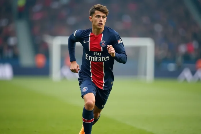 Joueur du PSG en action sur le terrain lors d'un match, représentant le style de Barcola