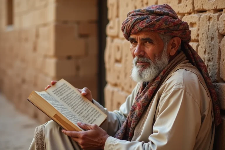 Homme berbere en djellaba tenant un vieux manuscrit