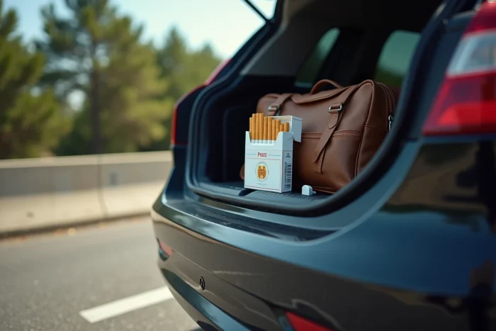 Cartouches de cigarettes espagnoles dans le coffre d'une voiture lors d'un retour de voyage