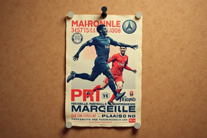 Affiche rétro vintage du Classique PSG-OM épinglée sur un tableau en liège en bois rustique