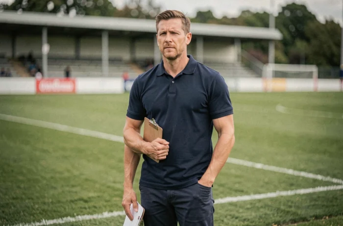Coach de rugby en polo marine debout en bord de terrain avec un bloc-notes, regard concentré sur le jeu