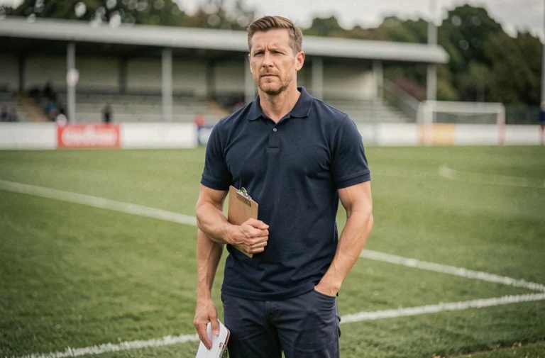 Coach de rugby en polo marine debout en bord de terrain avec un bloc-notes, regard concentré sur le jeu