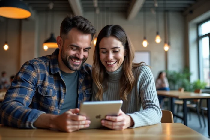 Deux collègues utilisant une tablette ensemble dans un espace de coworking moderne, illustrant la collaboration numérique simplifiée