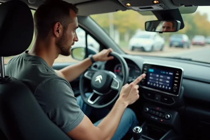 Homme connectant son téléphone en Bluetooth sur l'autoradio d'une Citroën C3 depuis le siège conducteur