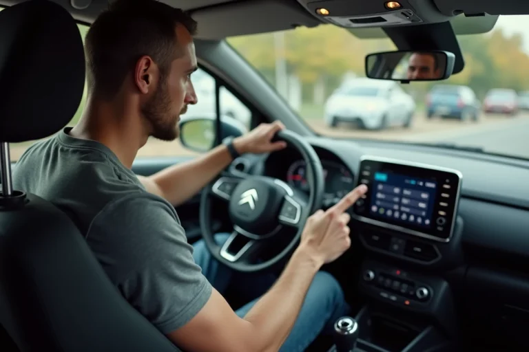 Homme connectant son téléphone en Bluetooth sur l'autoradio d'une Citroën C3 depuis le siège conducteur