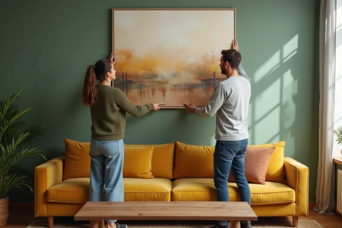 Couple accrochant un tableau abstrait sur un mur vert sauge dans un salon chaleureux avec canapé en velours moutarde
