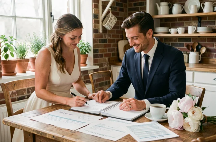 Couple de mariés planifiant leur mariage avec un classeur de planification sur une table en bois rustique