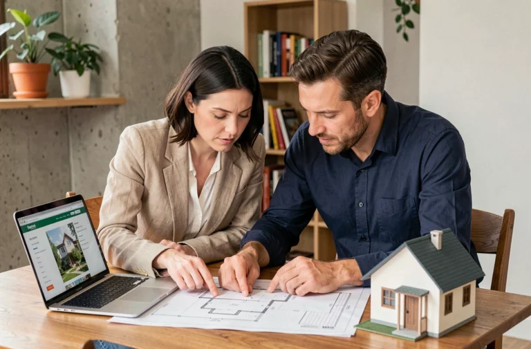 Couple étudiant des plans immobiliers et un laptop autour d'une table en bois dans un appartement moderne