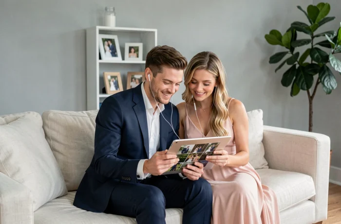 Couple souriant en tenue de mariage choisissant ensemble la musique de leur diaporama de mariage sur une tablette dans un salon moderne