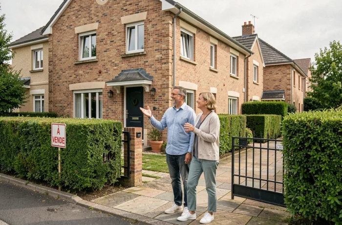 Couple visitant une maison à vendre dans un quartier résidentiel français