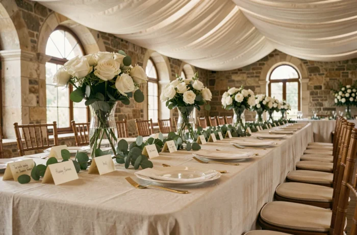 Table de réception de mariage élégamment décorée avec roses blanches, vaisselle dorée et cartons de placement manuscrits