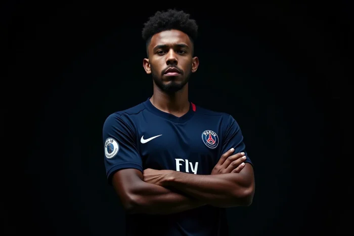 Joueur du PSG style Dembélé posé en portrait cinématographique fond sombre comme une affiche de film