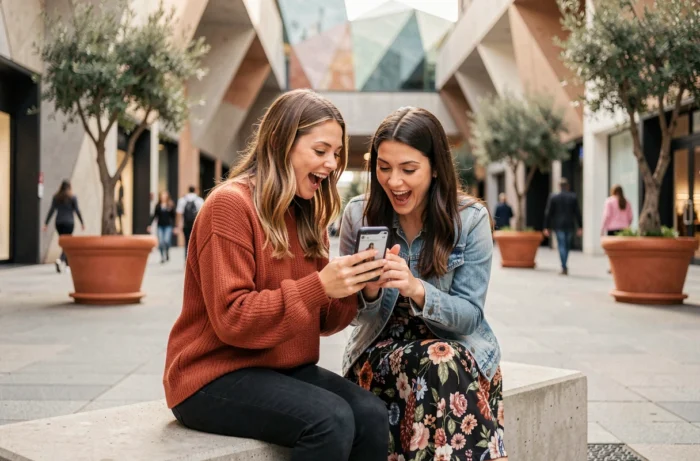 Deux amies découvrant ensemble les dernières tendances sur un site de mode en plein air en ville