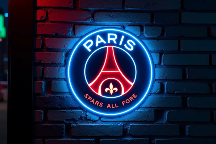 Écusson du PSG version néon électrique bleu et rouge sur un mur de briques urbain sombre