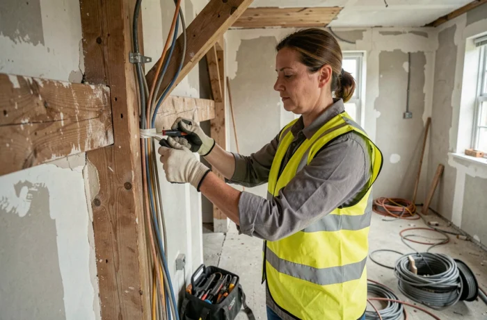 Électricienne posant des câbles électriques dans une maison en rénovation