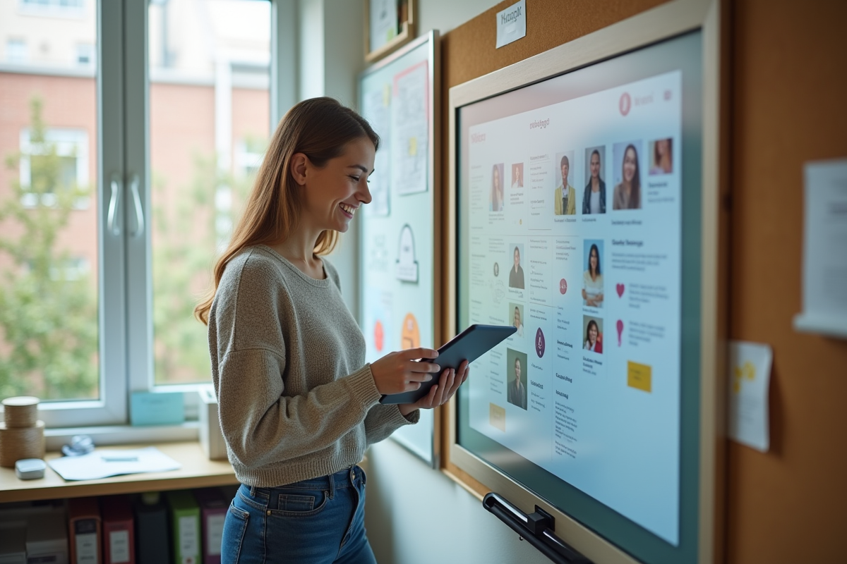 Jeune enseignante montre une application sur sa tablette en classe