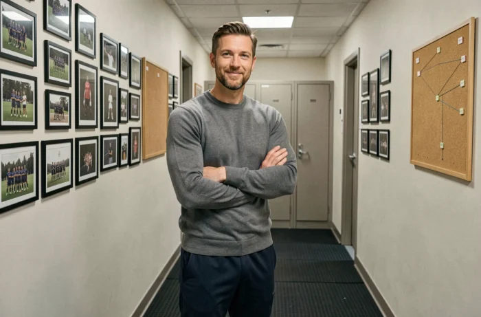 Entraîneur de rugby dans le couloir d'un gymnase moderne, bras croisés devant des photos d'équipe encadrées