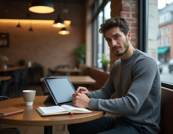 Entrepreneur consultant des ressources en ligne pour développer son entreprise dans un café urbain