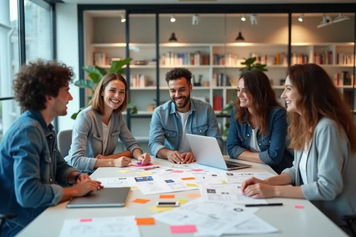 Équipe de professionnels collaborant sur des tendances web et des prototypes numériques dans un espace de travail agence moderne