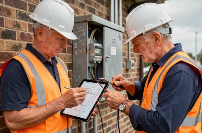 Deux électriciens professionnels collaborant sur un compteur électrique extérieur résidentiel