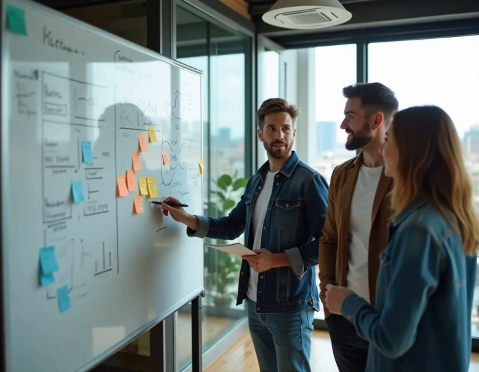 Équipe de professionnels travaillant ensemble sur des stratégies de croissance d'entreprise dans un espace coworking