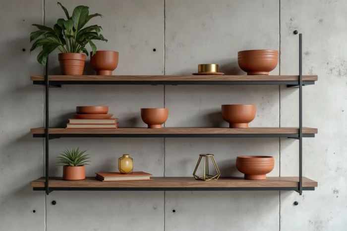 Étagère ouverte décorée avec des céramiques, plantes succulentes et accessoires en laiton sur mur en béton brut