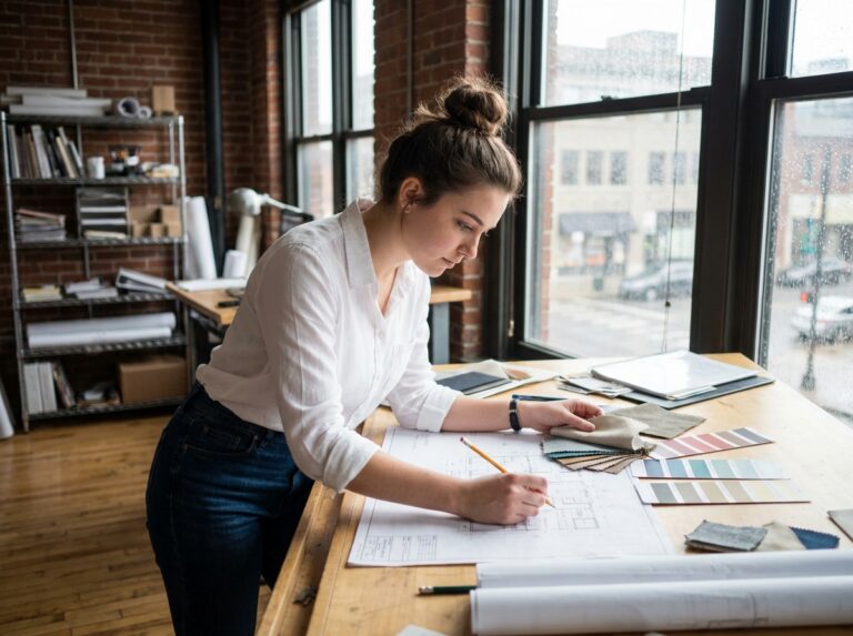 Étudiante en architecture d'intérieur penchée sur des plans et des échantillons de matériaux dans un studio de design professionnel
