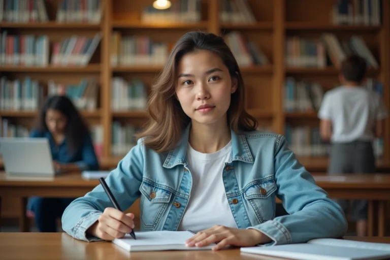 Étudiante en première année de licence (L1) révisant ses cours dans une bibliothèque universitaire