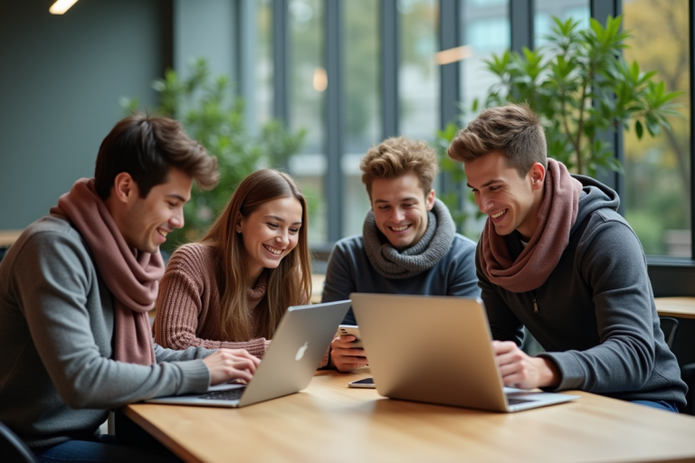 Groupe d'étudiants souriants en discussion dans un espace moderne