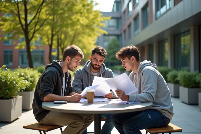 Groupe d'étudiants en L2 comparant leurs parcours universitaires sur le campus