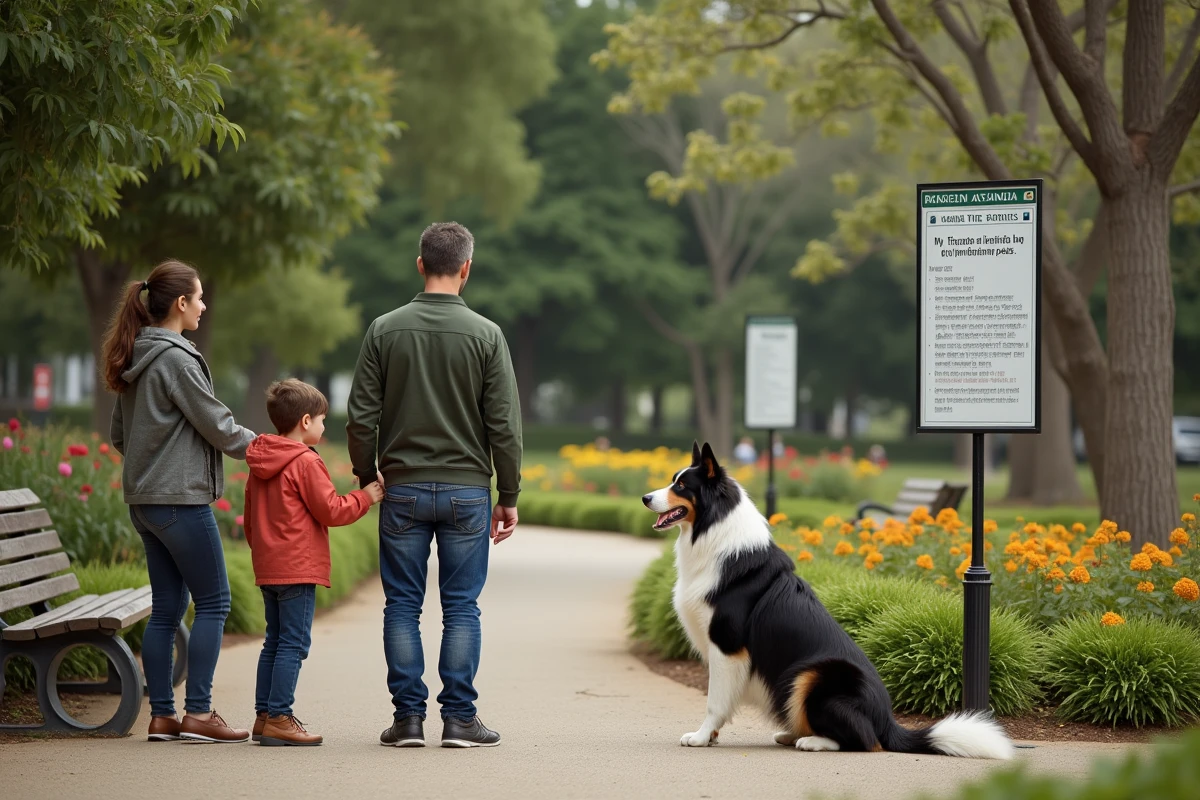 Famille lisant panneau de reglement au jardin