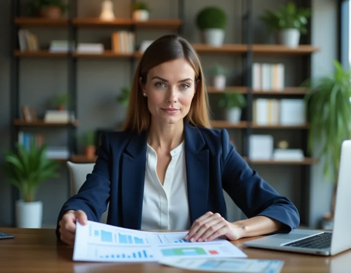 Femme d'affaires analysant des ressources de croissance d'entreprise sur son bureau en 2024
