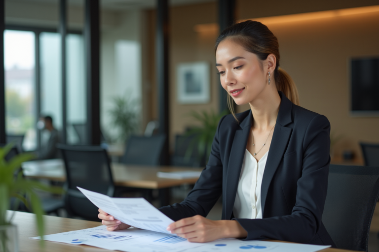 Femme d affaires en blazer examine des documents financiers