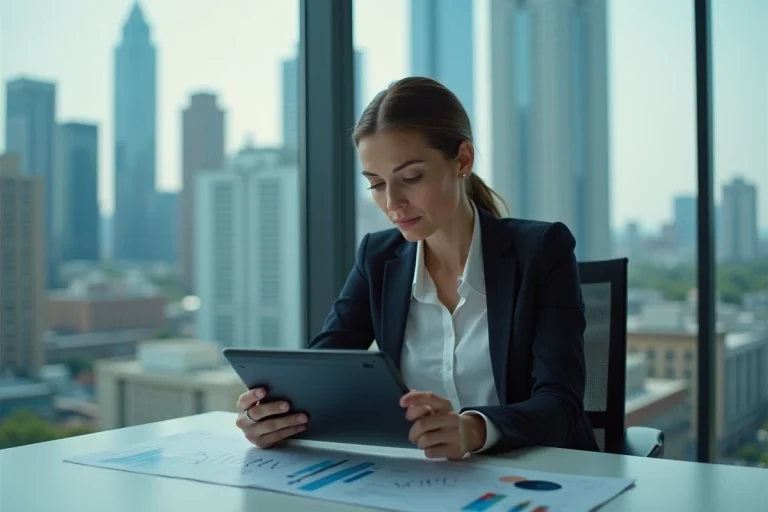 Femme d'affaires confiante avec tablette dans un bureau moderne