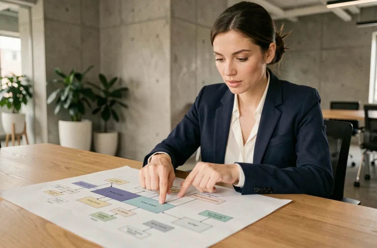 Femme professionnelle analysant un plan de site imprimé sur un bureau en bois dans un bureau moderne