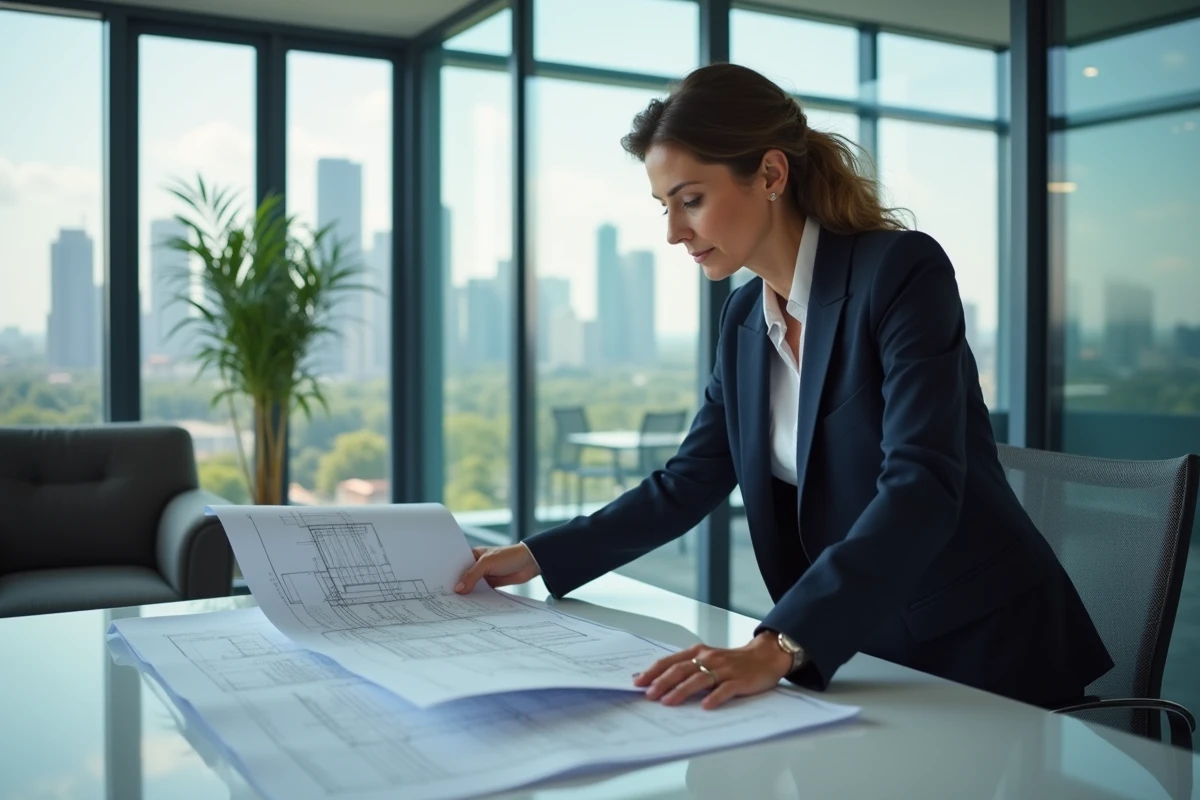 Femme architecte examinant plans dans bureau urbain