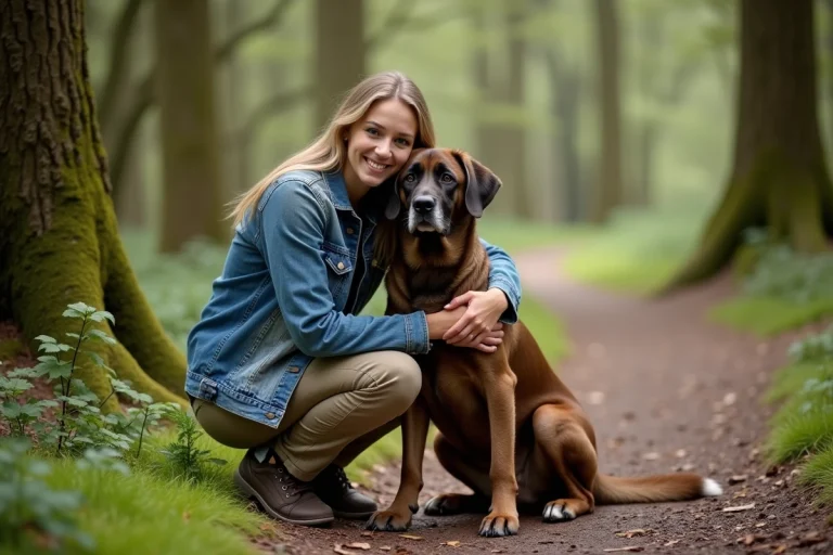 Femme souriante avec un chien dans la forêt