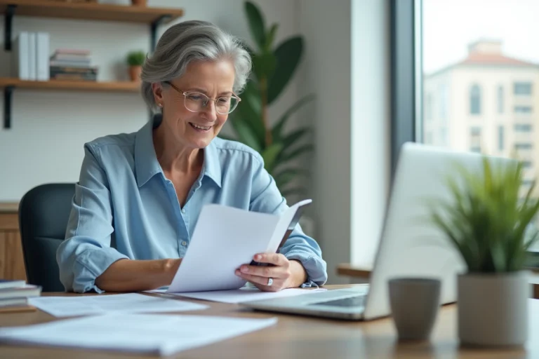 Femme d'âge moyen au bureau utilisant son smartphone