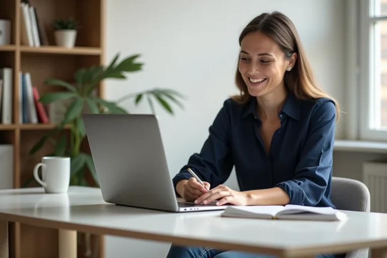 Femme souriante dans un bureau moderne pour l'article